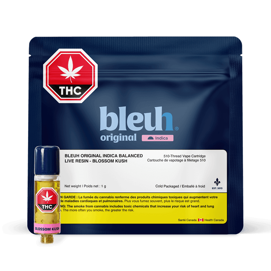 Bleuh Original Indica Balanced Live Resin 510 cartridge, Blossom Kush, with its pouch