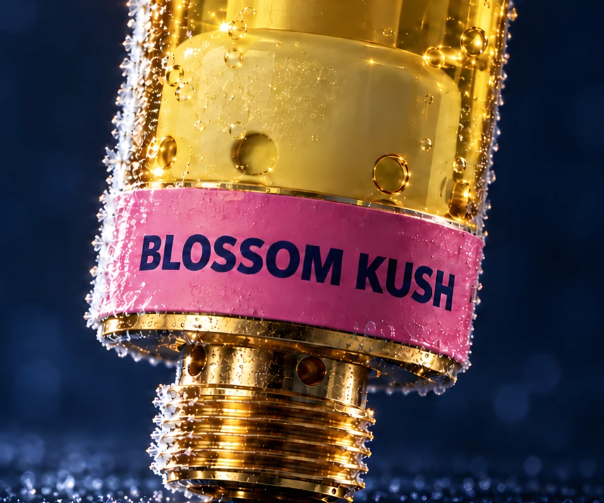 Frosted Blossom Kush 510 cartridge with its pink label, on a midnight-blue background